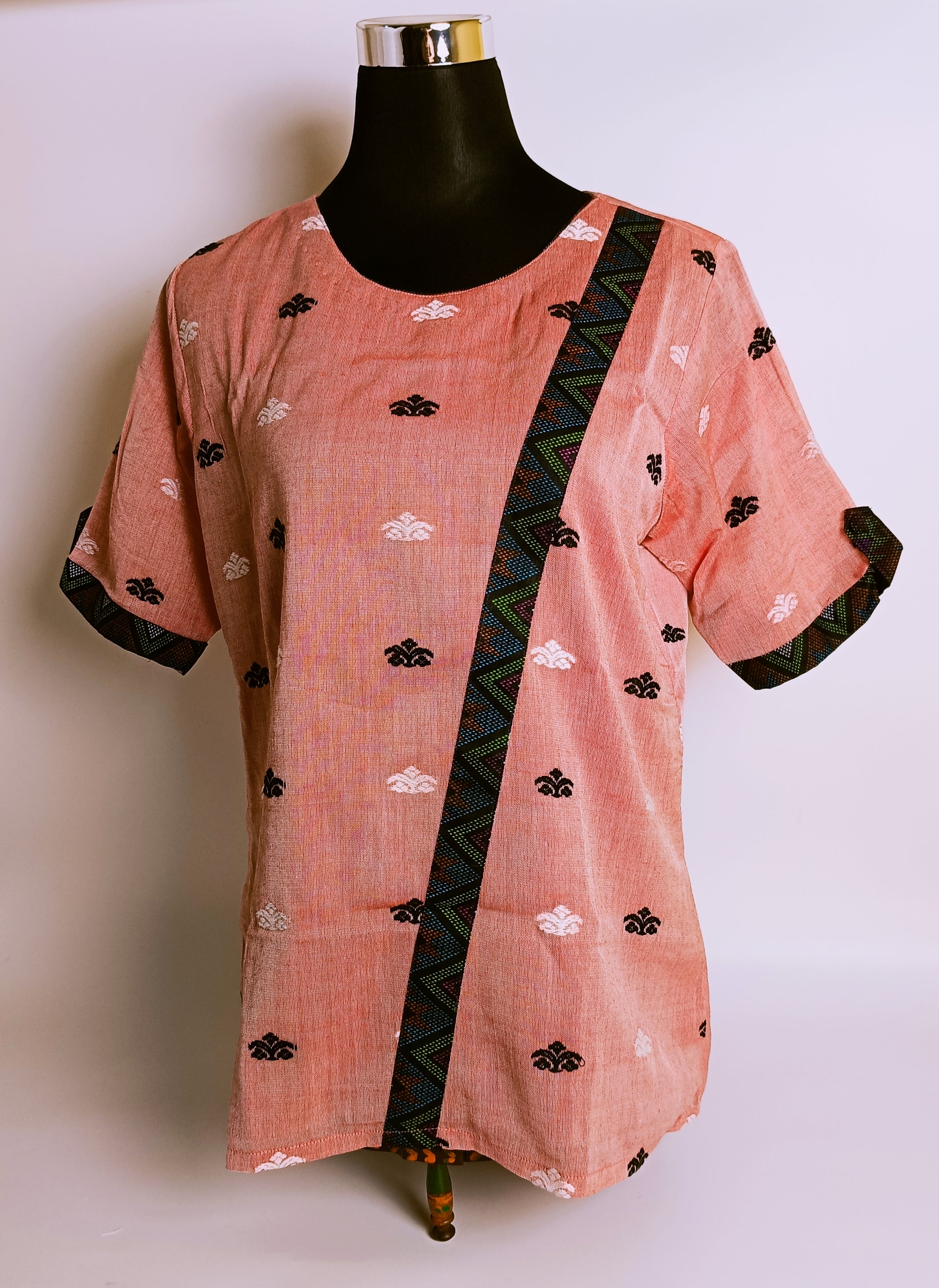PEACH COTTON TUNIC WITH TRADITIONAL MOTIF OF ASSAM